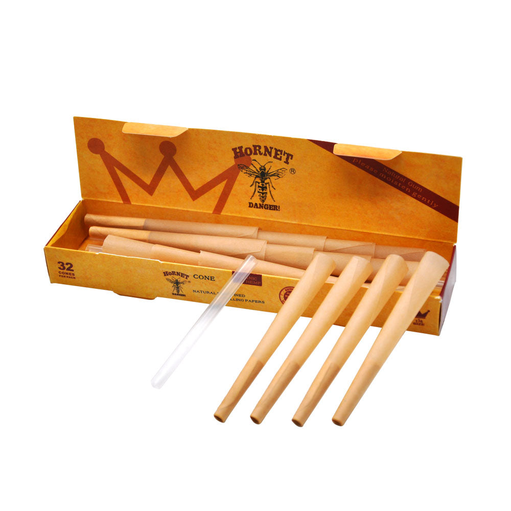 HORNET | Natural Unrefined 1-1/4 Size Pre Rolled Paper Cones Smoking 32 Pack Cone