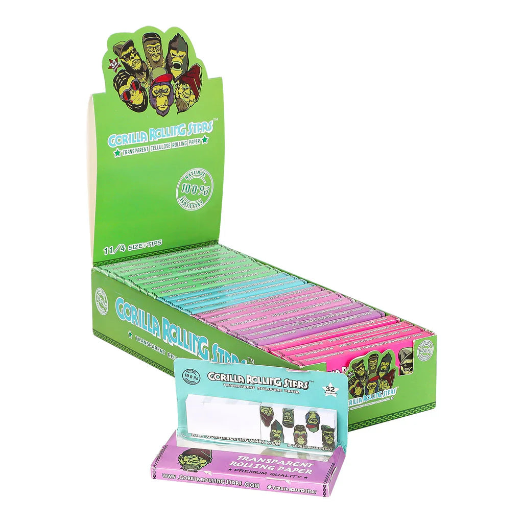 GORILLA ROLLING STARS 1 1/4 Size Transparent Cellulose Rolling Papers with Rolling Tips [GRS-009]